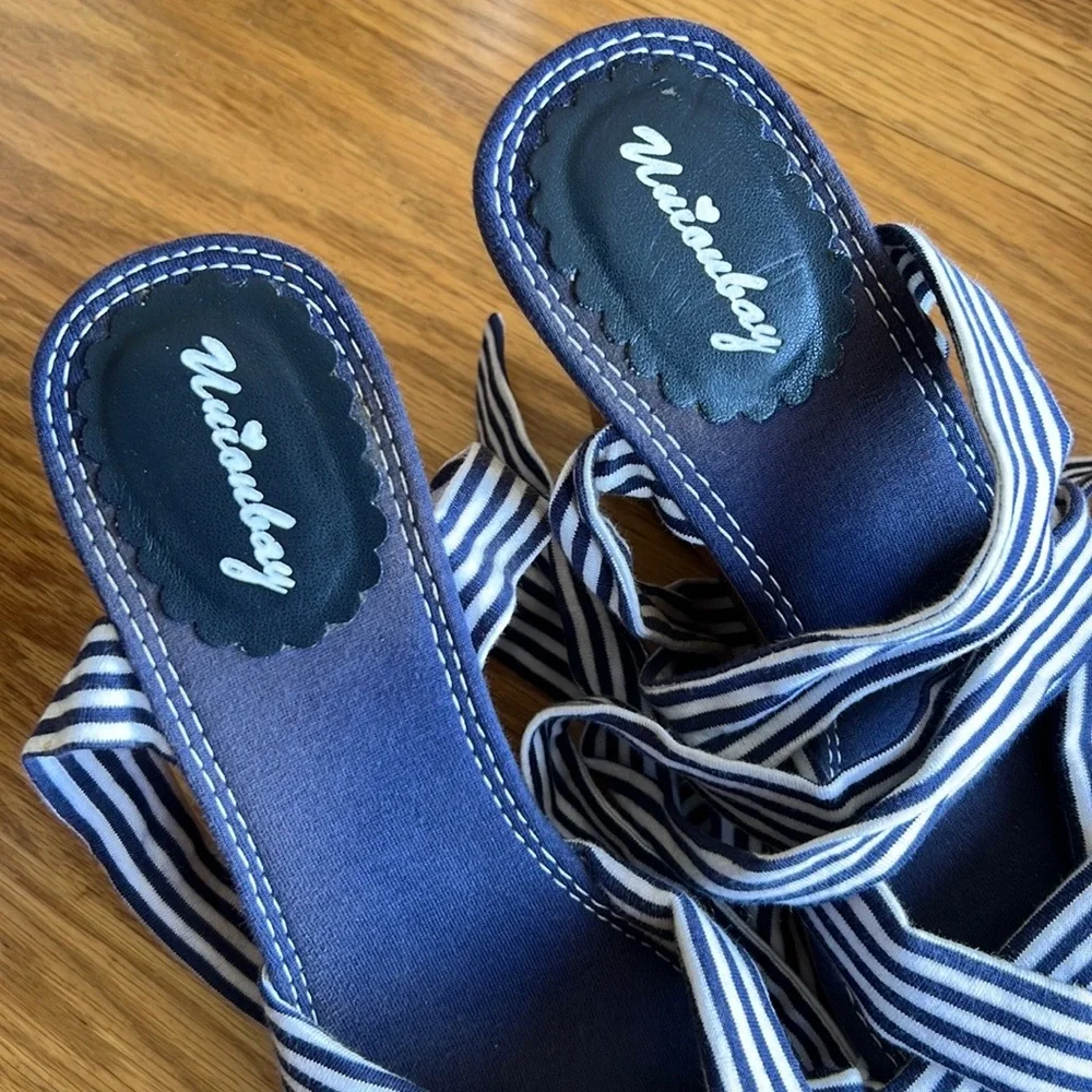 SUPER CUTE Unionbay Blue & White wedge heels tie around ankle Size 7.5 - Picture 12 of 14